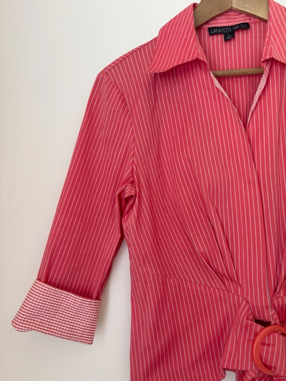 Lafayette 148 Pink Striped Buckle Front Shirt Sz 6 Summer Coastal - Picture 3 of 8